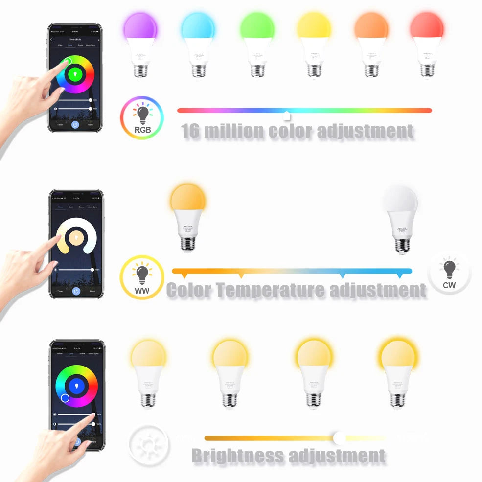 Smart Bulb - WiFi/Bluetooth: Tuya Alexa LED Lamp E27 RGB | Smart Light Bulbs 110V 220V | Google Assistant, Smart Life